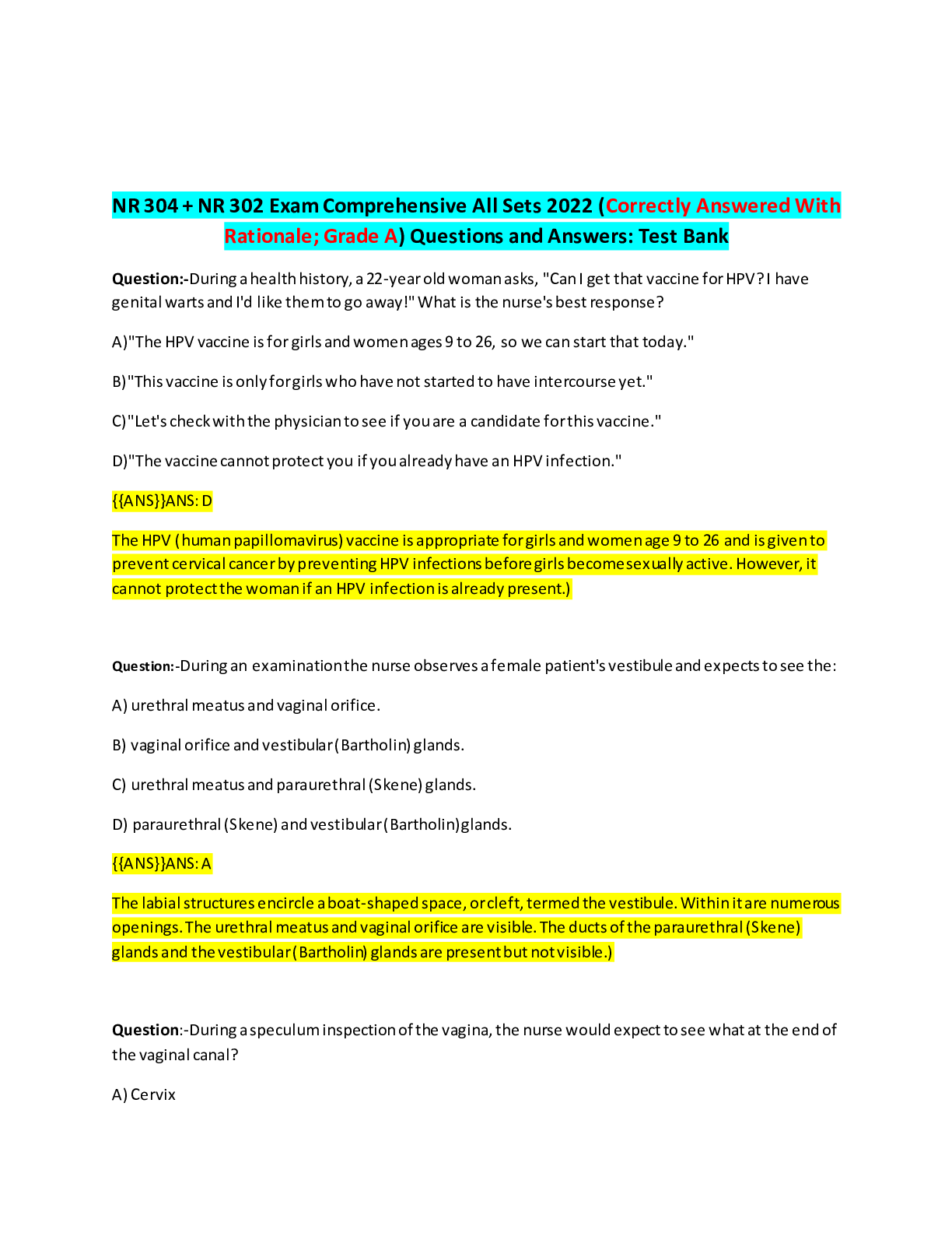 Preview of NR 304 + NR 302 Exam Comprehensive All Sets 2022 (Correctly Answered With Rationale; Grade